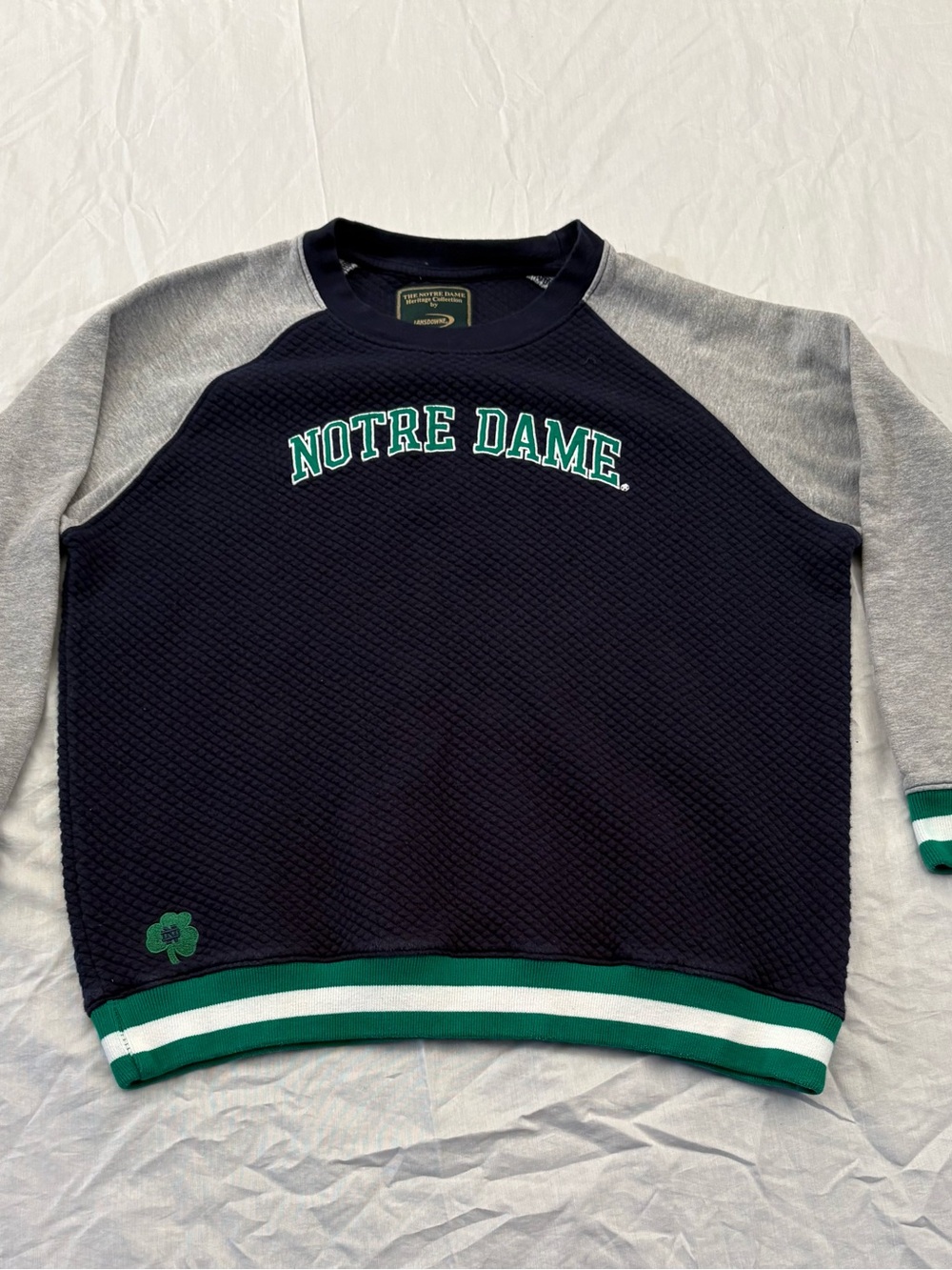 Notre Dame Heritage Lansdowne Men’s L Quilted Crewneck Sweatshirt Navy Gray